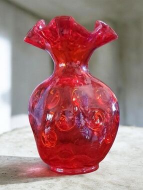 Vintage Fenton Red Coin Dot Ruffled Vase